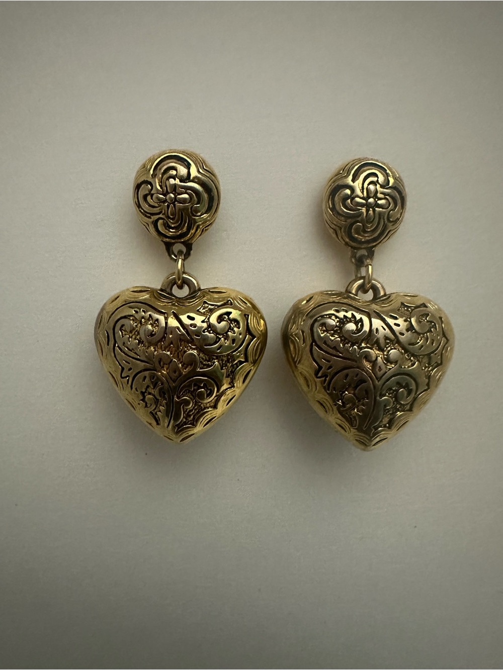 Gold Heart Drop Earrings with Filigree Detailing